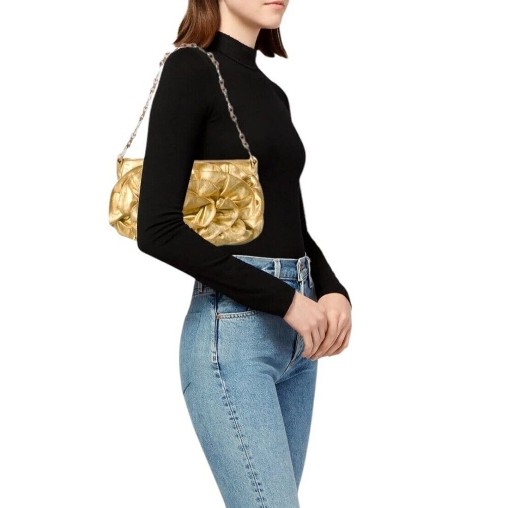 YSL Saint Laurent Rive Gauche Metallic Gilt Gold Leather Rose Baguette Bag - Picture 2 of 12